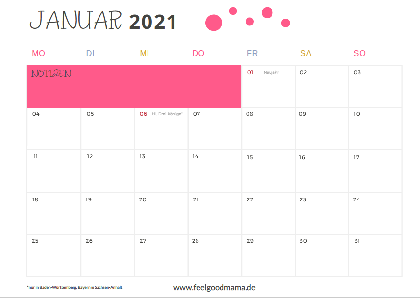 Kalender 2021 zum Ausdrucken - kostenlos • Feelgoodmama